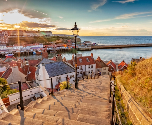 harbour at end of steps and town looking out to sea