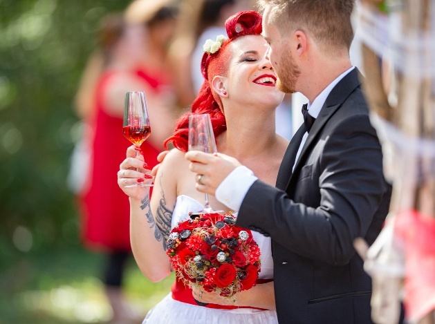 couple on wedding day bride with retro look