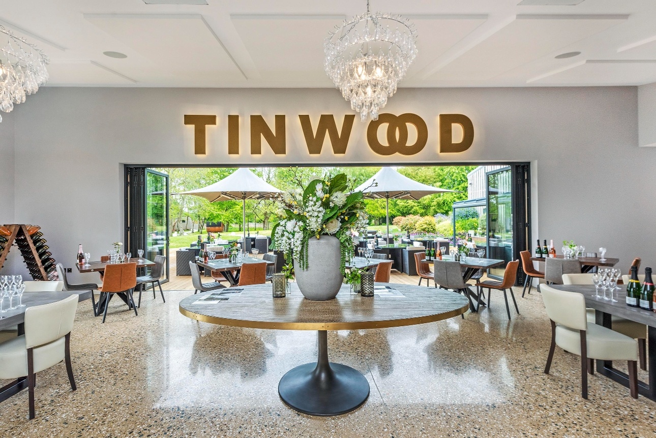 Tinwood Estate restaurant with bi-fold doors and chandeliers