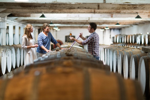 couple in cellar of barrels