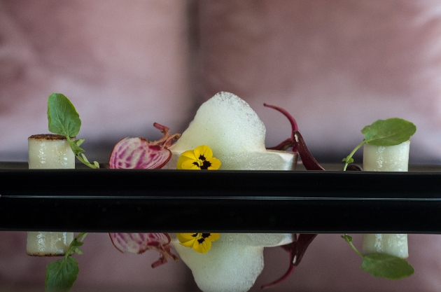 display of fine scallops on a black plate