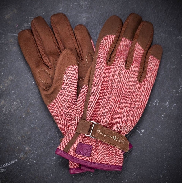 red tweed gardening gloves