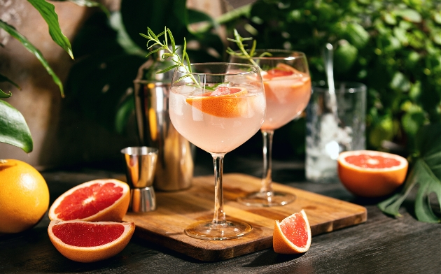 cocktail in two glasses with fruit 