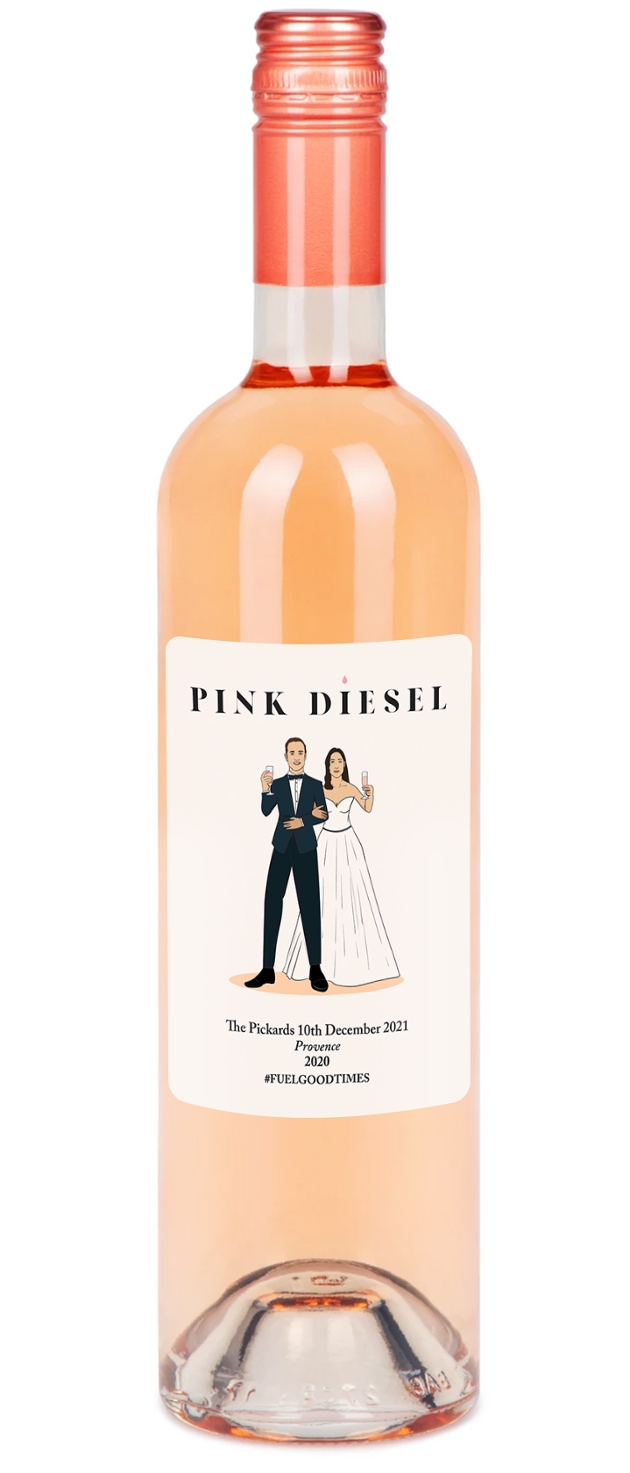 bottle of rose wine with a personalised wine label