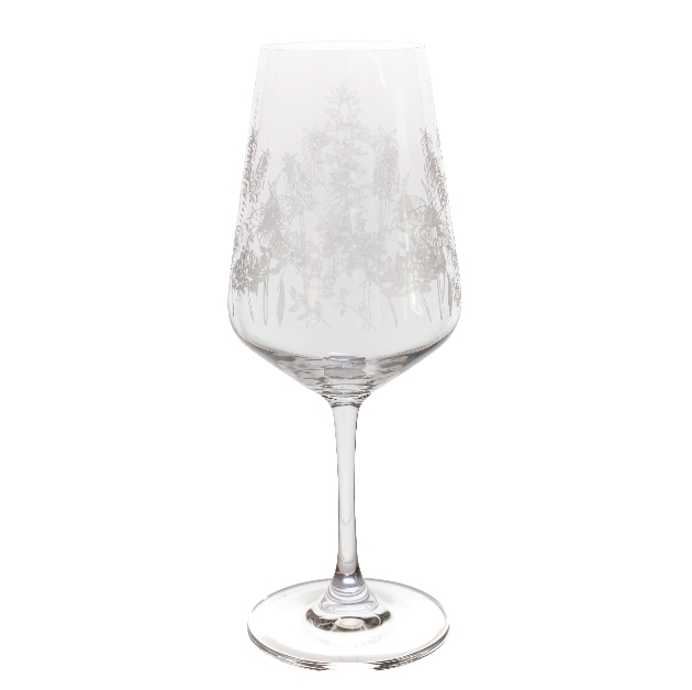 wine glass etched with floral pattern