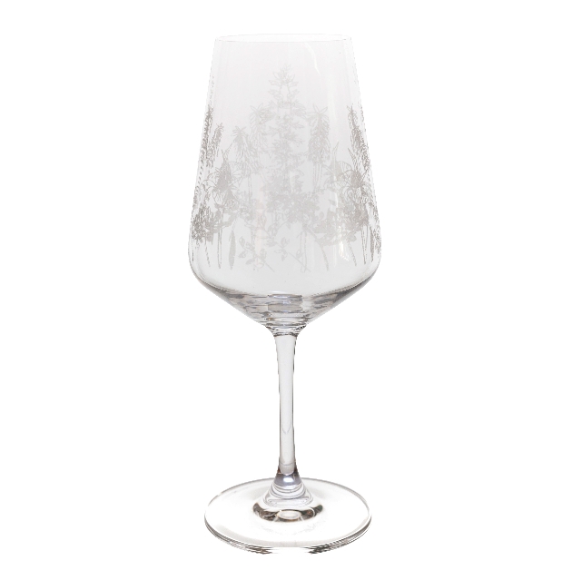 wine glass etched with floral pattern