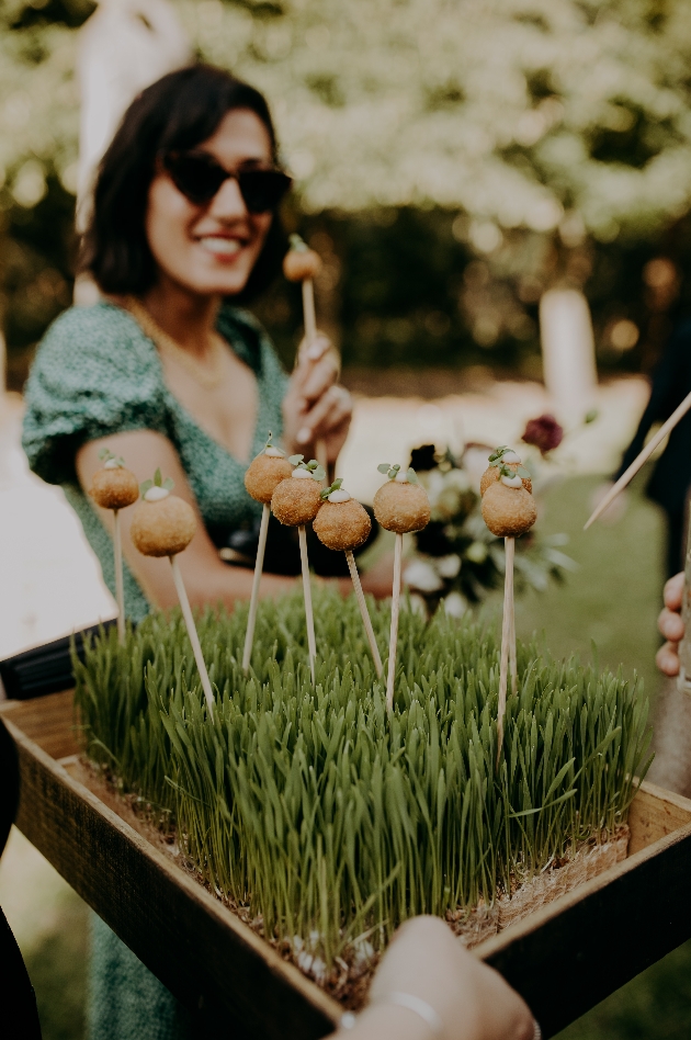 arancini canape on bed of grass being handed to guest