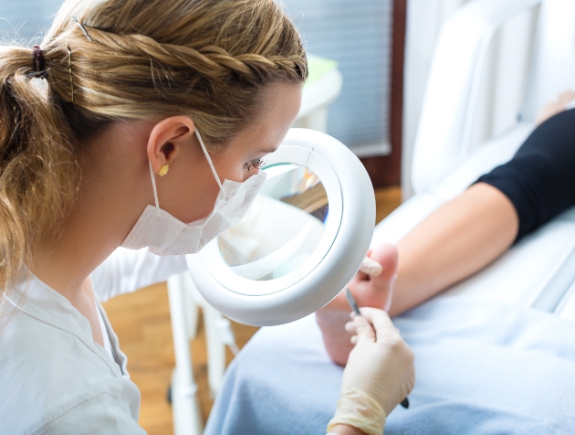 podiatrist in clinic with scalpel looking through magnifying glass