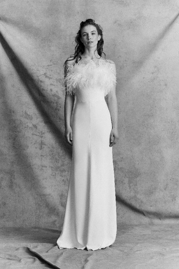simple straight line gown with feathered top