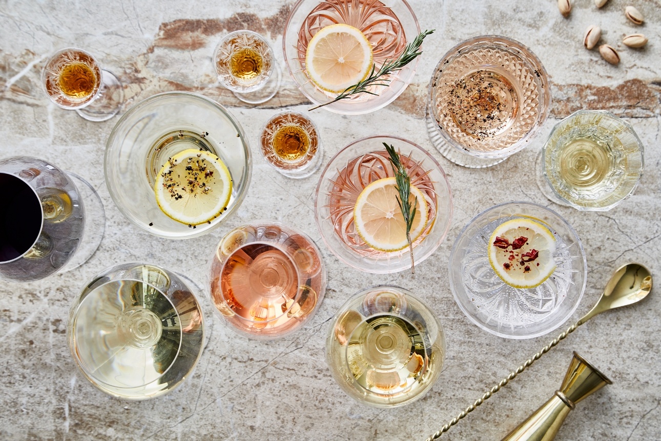 aerial view of cocktails in various glasses on table