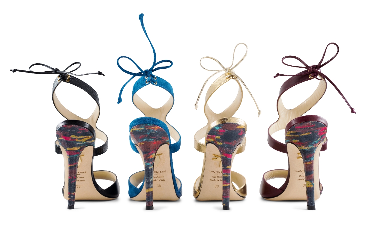 four heels in a row in different colours with coloured heels