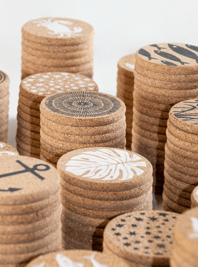 cork coasters with various prints