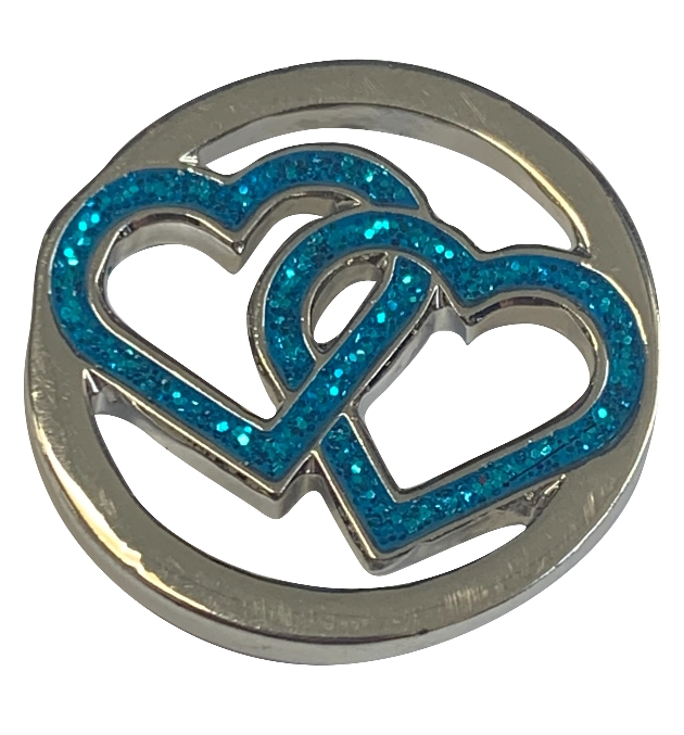 round pin badge with two blue hearts
