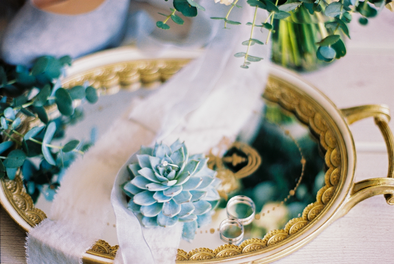 gold tray with wedding ring, cotton and succulent plant on it