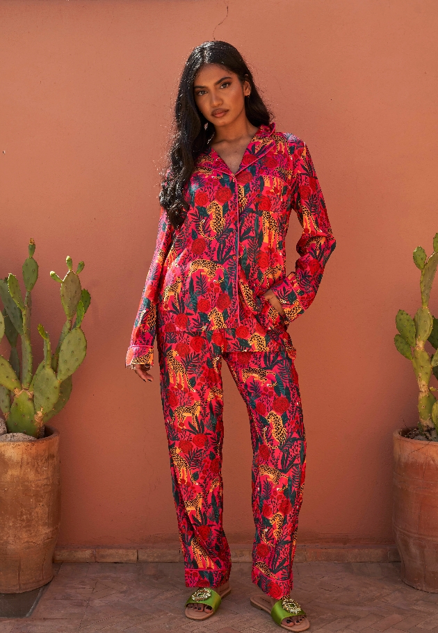 pink long pj set with leopards on