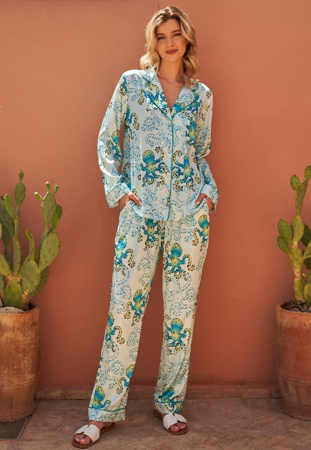 white long pjs set with blue octopus on