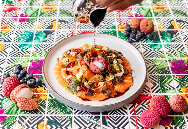 food on plate on colourful background