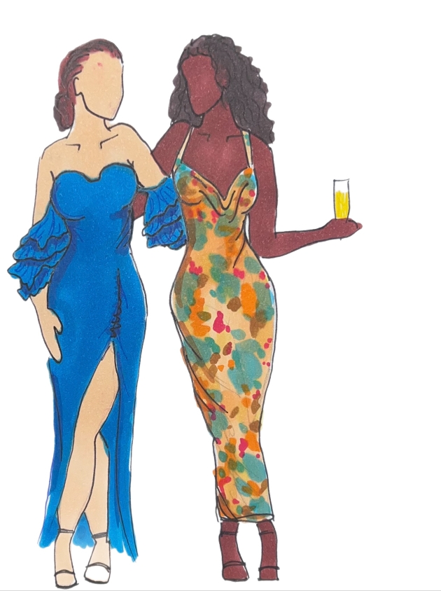 sketch of two women in occasion dresses