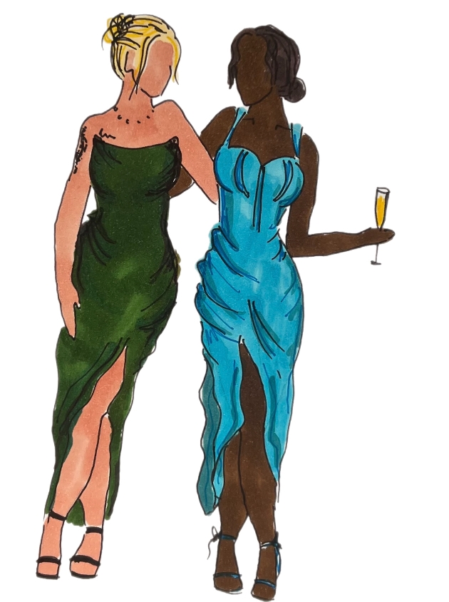 sketch of two friends in dresses