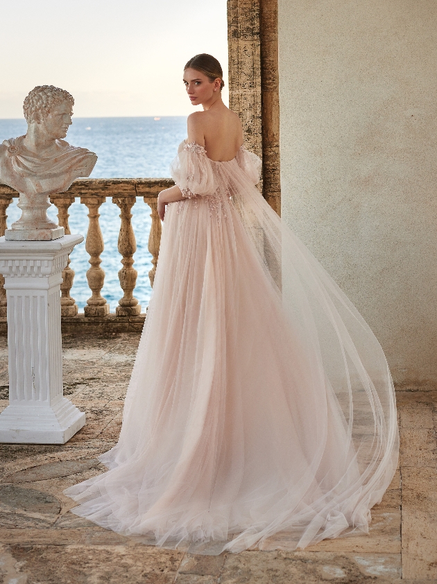 pink tulle dress off shoulder sleeves diamante blush details