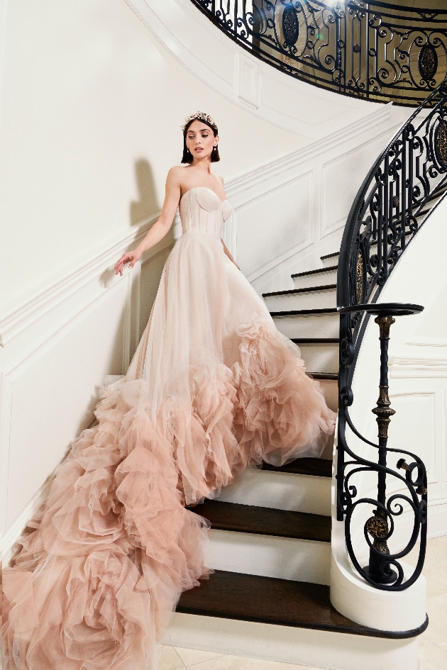 pink gown strapless tulle billowy train