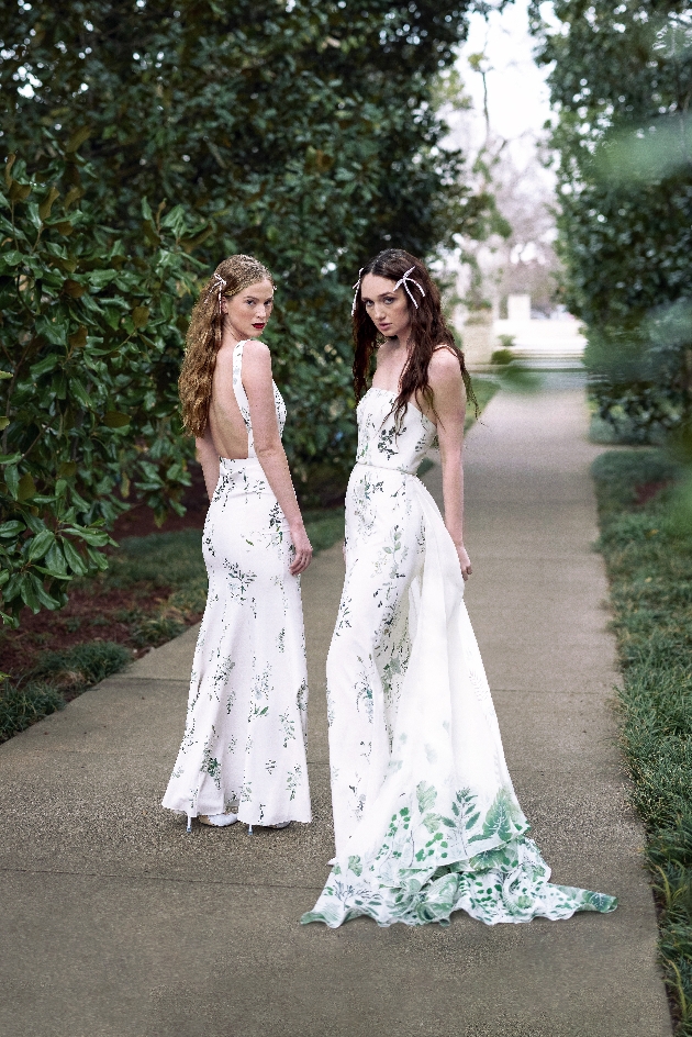 models in dresses white with coloured floral bottoms