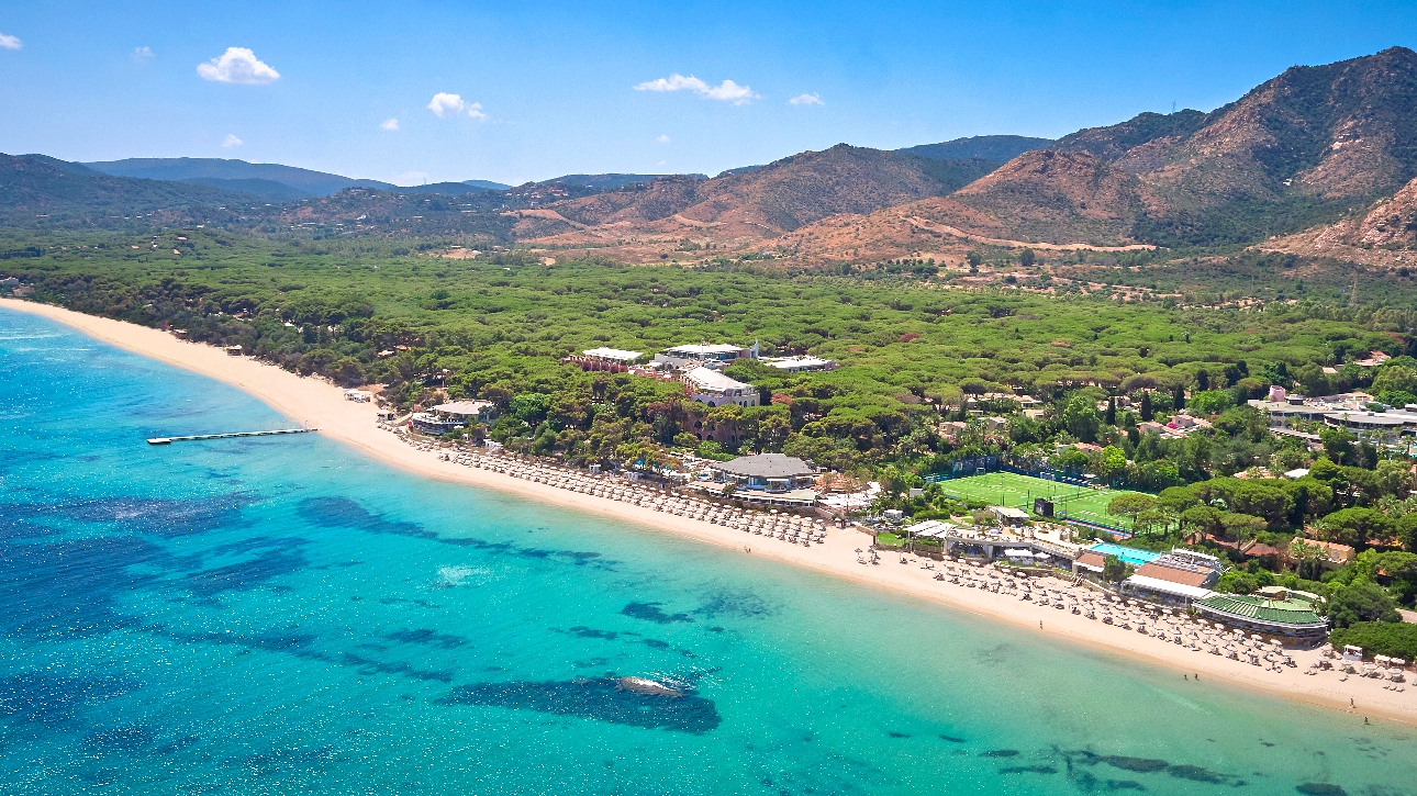 aerial view of coast, beach, hotel, grounds and mountains