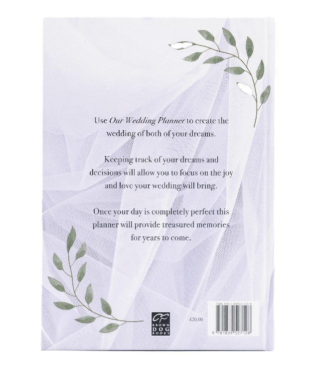 back of wedding planner, book description and green leaf design