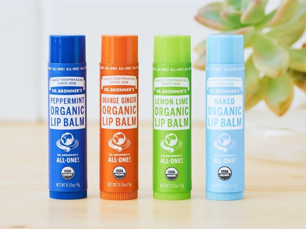 Organic lip balms in four colours in a row