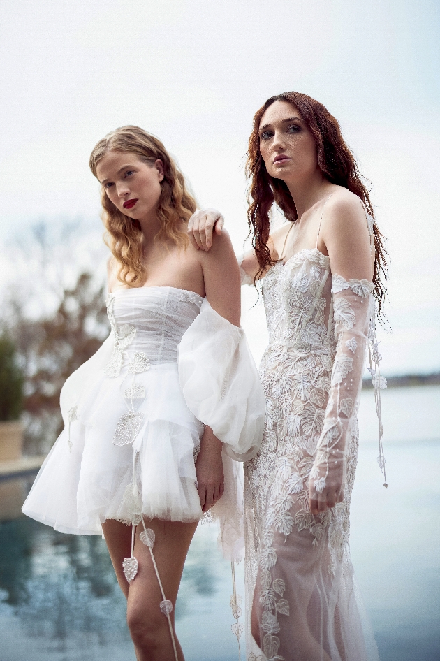 two models one in short dress one in long, boho ethereal styles