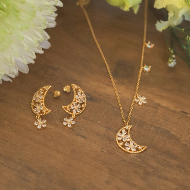 Celestial jewellery gold moon with flowers necklace and earrings