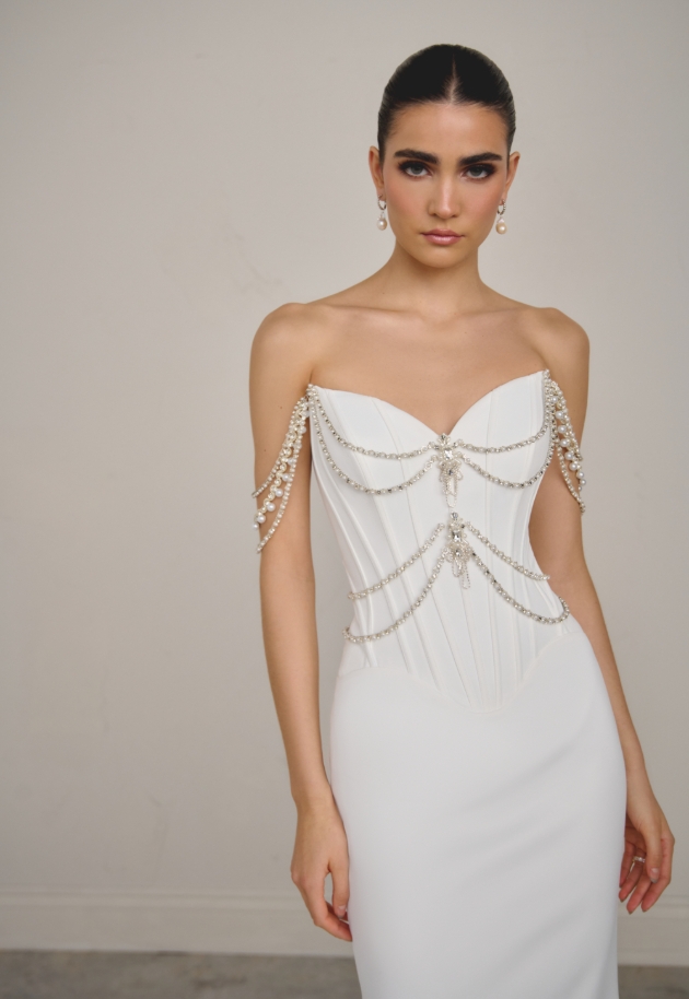 corset dress with boned bodice and large diamante and pearl grecian style details
