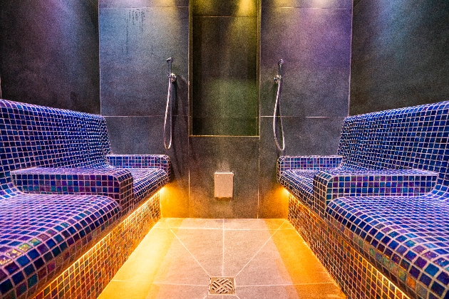 The inside of a steam room with blue and white checkered seating