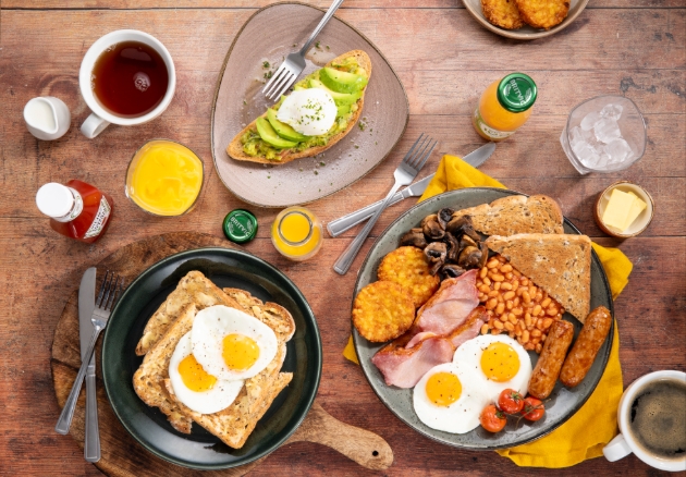 A table filled with breakfast and drinks
