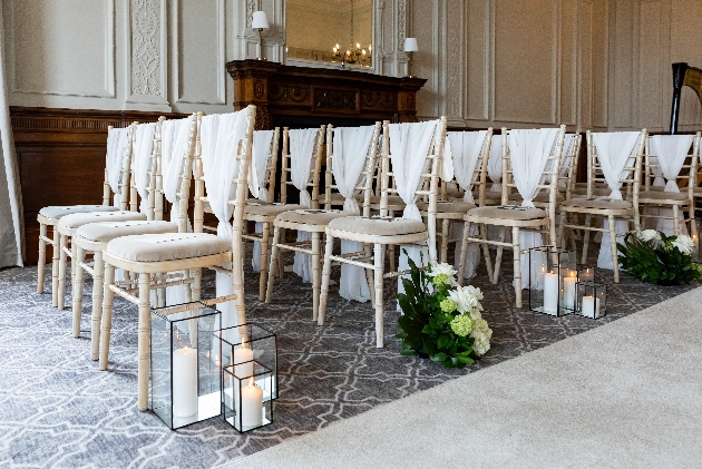 The Milner York, Chivari chairs with sashes for a wedding ceremony