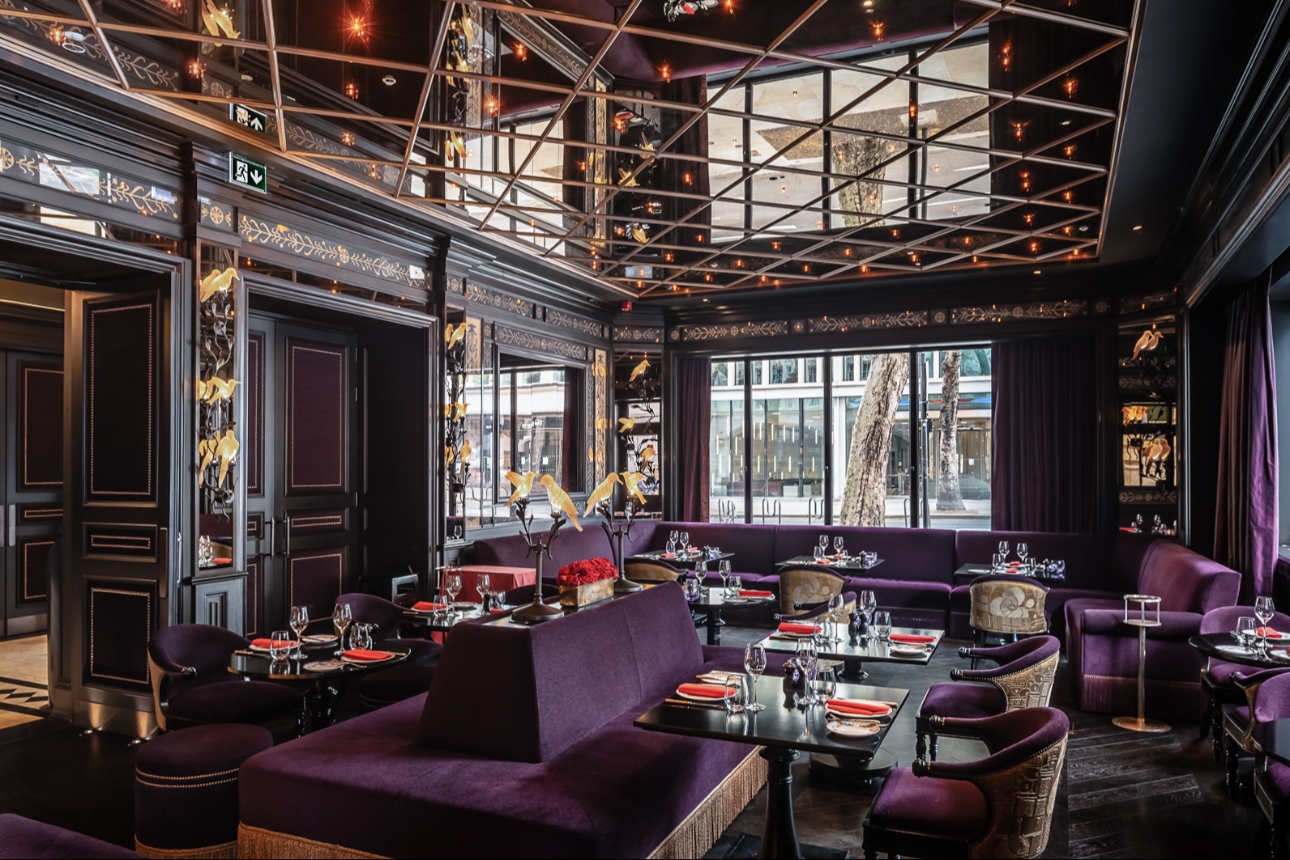 restaurant in very dark colours, glass ceiling