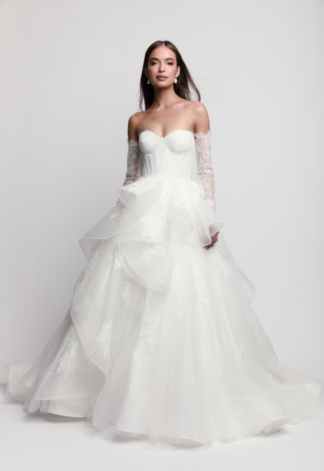corseted tulle layered dress model wearing with lace sleeves