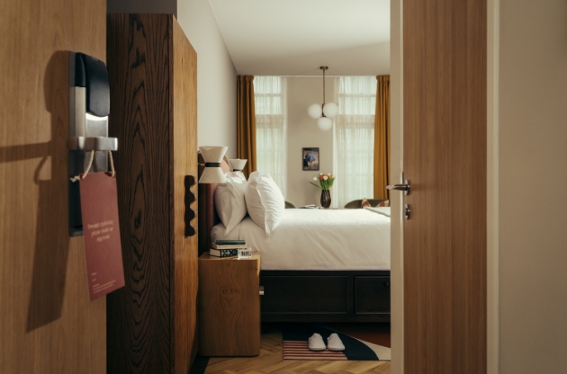 hotel room with door open