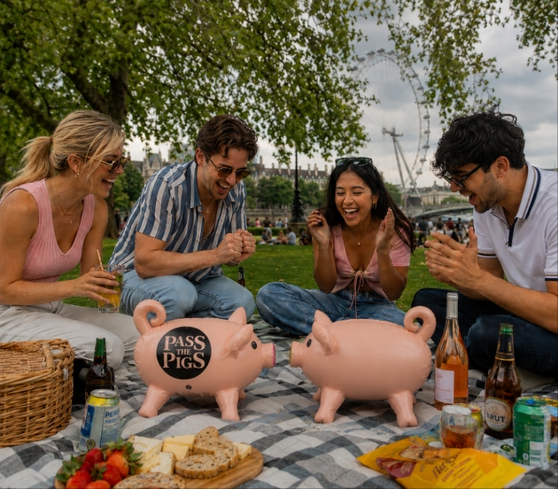 Four friends playing giant pass the pig
