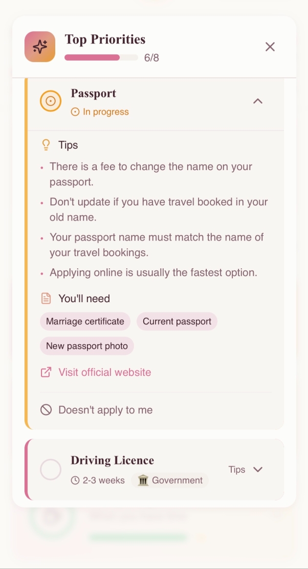 Name Change Navigator screen - top priorities